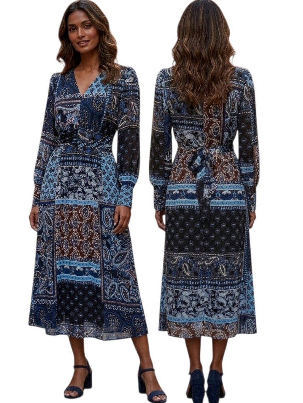 JULIA JORDAN Patchwork Scarf Longsleeved Midi Dress - Size 6